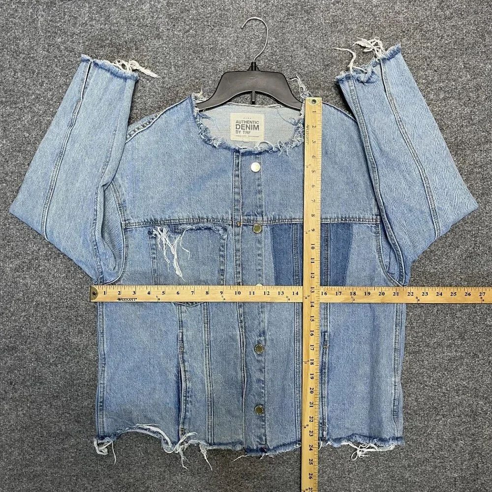 Zara TRF Authentic Denim Oversized Collarless Distressed Jean Jacket Multi - Picture 6 of 7
